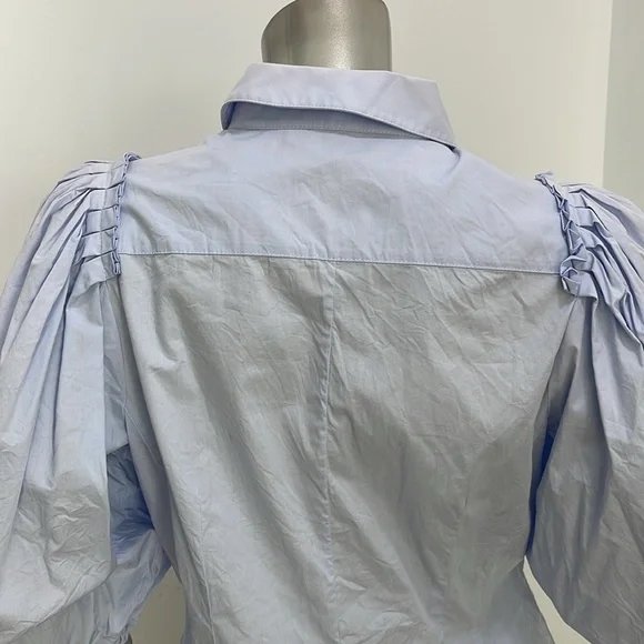 Karen Millen Quarter Balloon Sleeves Blue Button Up Shirt Top K4 - Picture 8 of 13